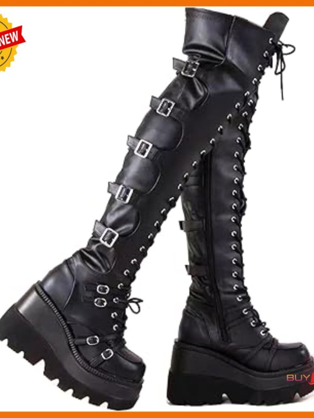 Platform Knee High Boots Chunky Heel Side Zip Buckle Lace Up Motorcycle Boots